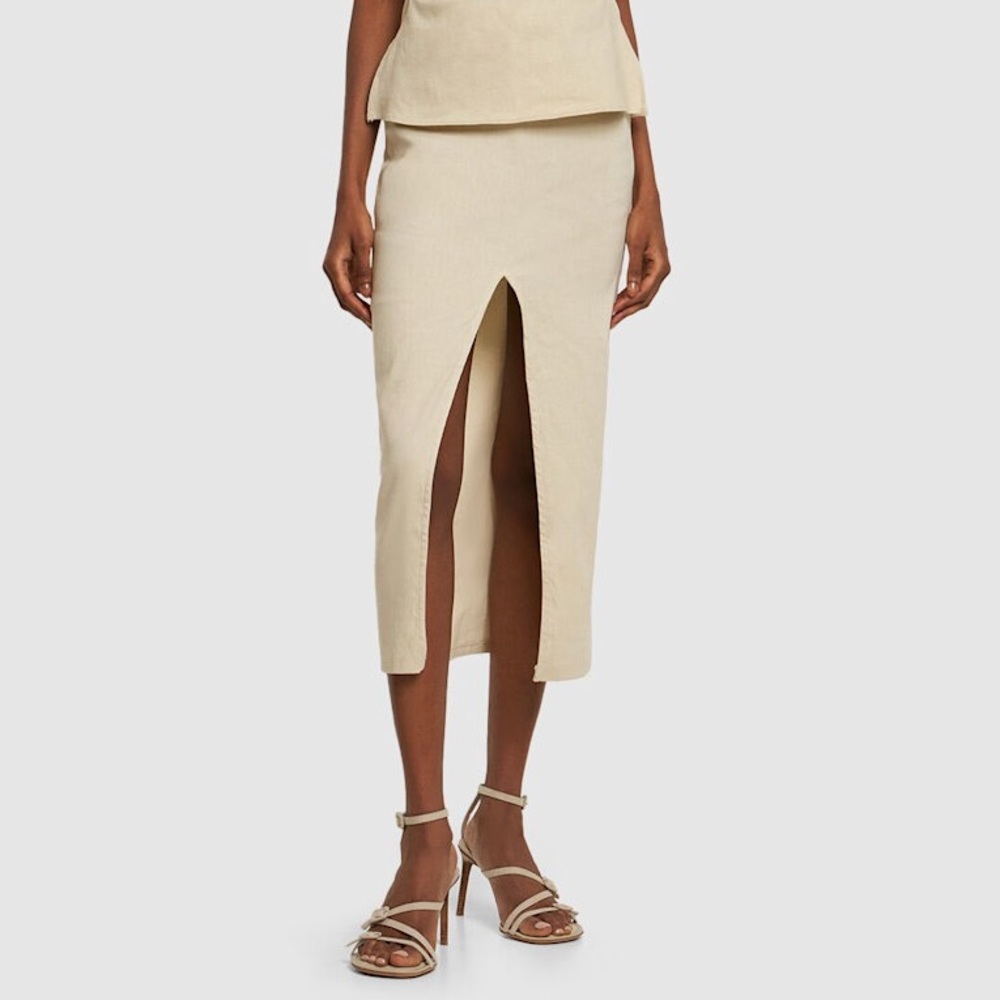 Anemos The Front Slit Stretch Linen Midi Skirt Natural Beige EUC Size Small